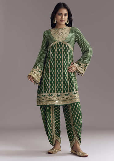 Green Printed Crepe Dhoti Set With Keyhole Neck