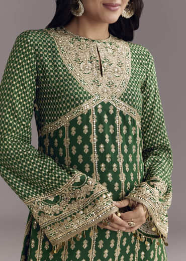 Green Printed Crepe Dhoti Set With Keyhole Neck