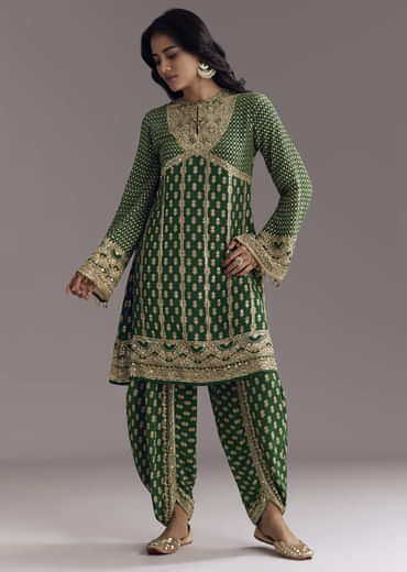 Green Printed Crepe Dhoti Set With Keyhole Neck