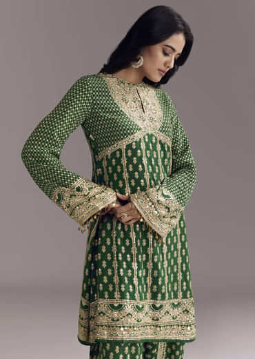 Green Printed Crepe Dhoti Set With Keyhole Neck
