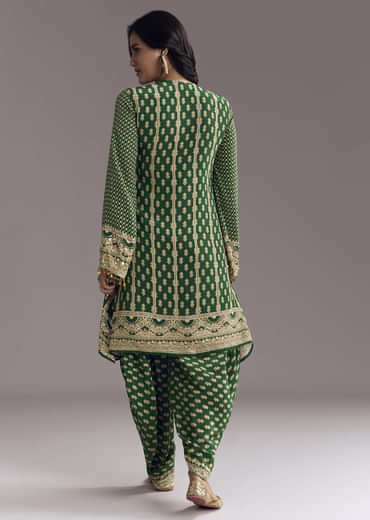 Green Printed Crepe Dhoti Set With Keyhole Neck