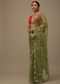 Parrot Green Cutdana Embroidered Saree In Organza With Floral Print