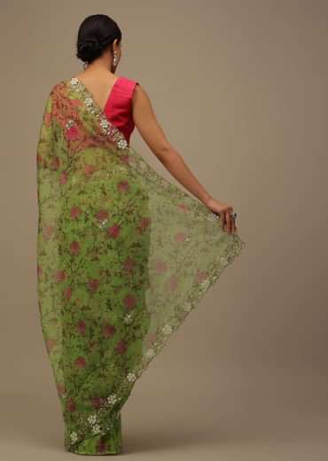 Parrot Green Cutdana Embroidered Saree In Organza With Floral Print