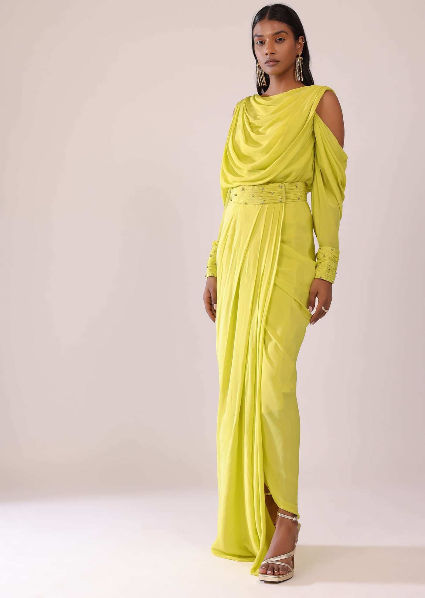 Sheen Green Cowl Top And Drape Skirt In Crepe