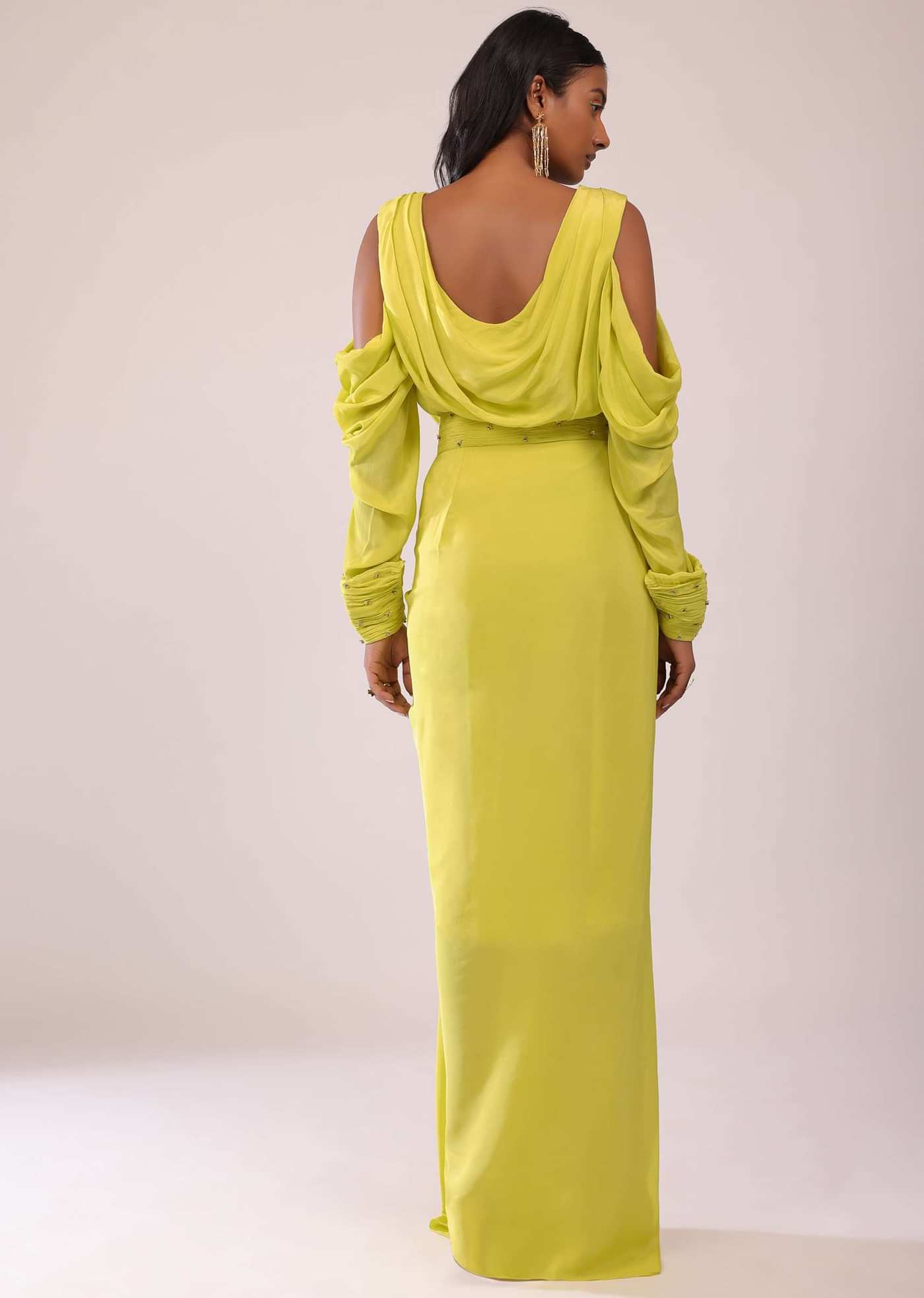 Sheen Green Cowl Top And Drape Skirt In Crepe
