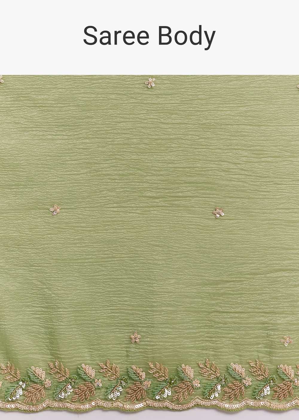 Parrot Green Crushed Tissue Saree With Sequins And Scallop Border