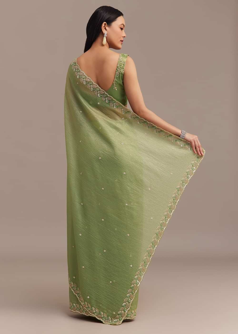 Parrot Green Crushed Tissue Saree With Sequins And Scallop Border