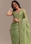 Parrot Green Crushed Tissue Saree With Sequins And Scallop Border