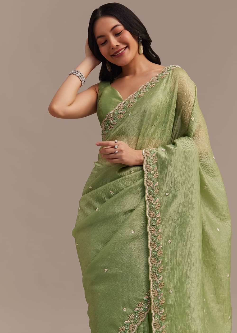 Parrot Green Crushed Tissue Saree With Sequins And Scallop Border