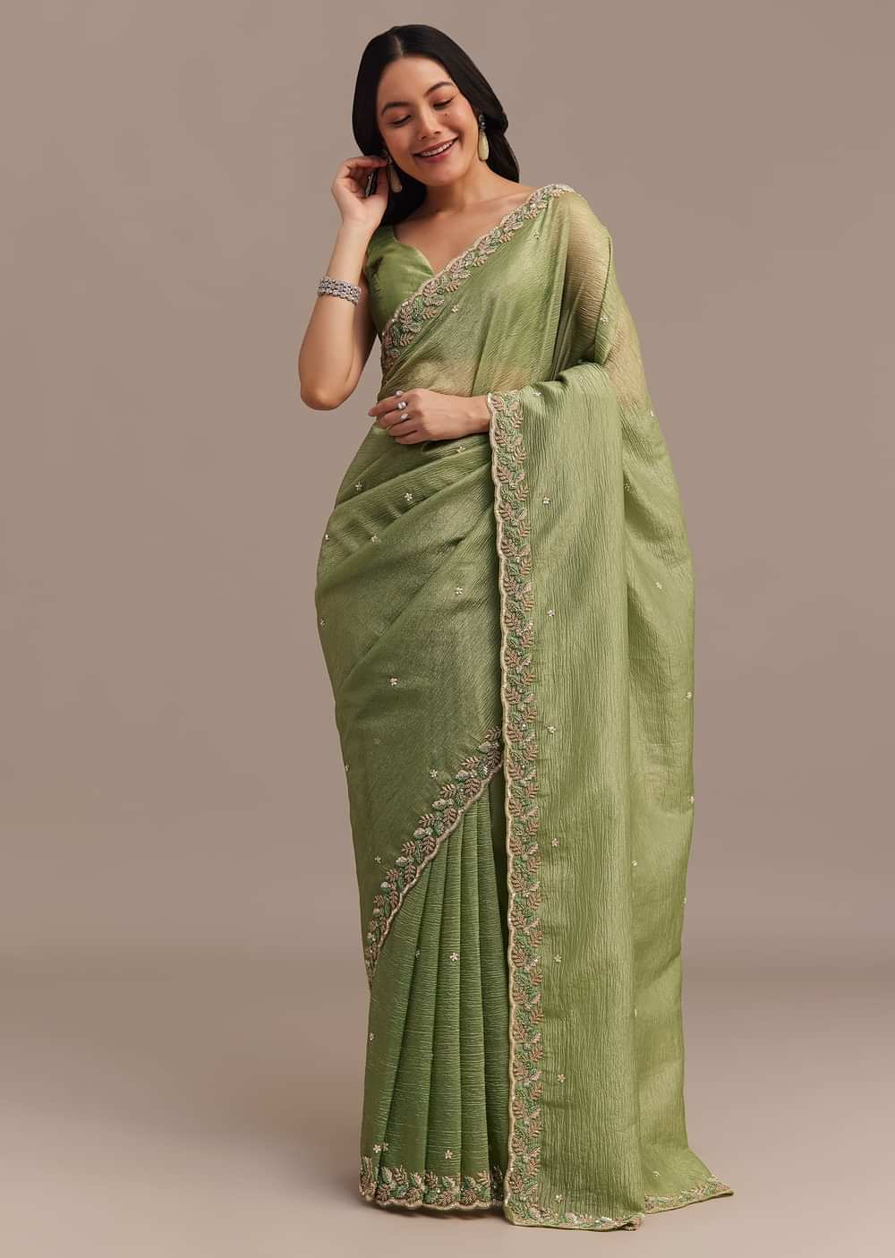 Parrot Green Crushed Tissue Saree With Sequins And Scallop Border