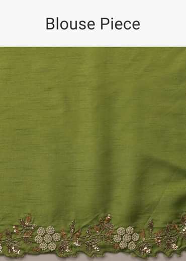 Parrot Green Cutdana Embroidered Saree In Organza With Floral Print