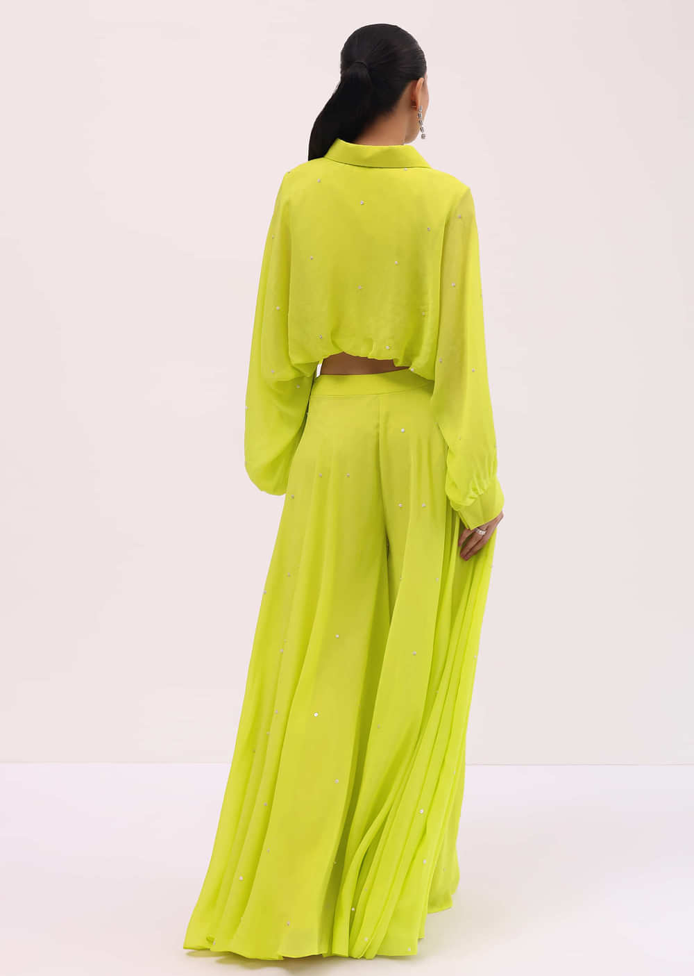 Parrot Green Georgette Crop Top And Palazzo