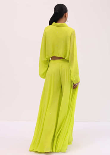 Parrot Green Georgette Crop Top And Palazzo