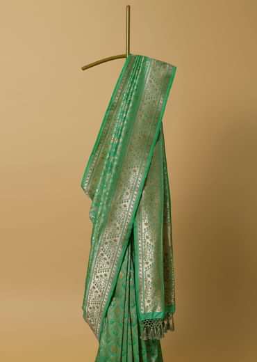 Parrot Green Katan Silk Banarasi Ikat Patola Weave Saree With Unstitched Blouse Piece