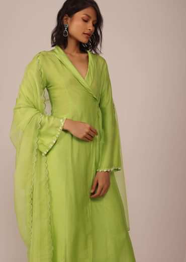 Parrot Green Suit Set In Art Silk With Tassels On The Sleeves And Dupatta