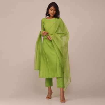Parrot Green Suit Set In Art Silk With Tassels On The Sleeves