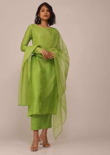 Parrot Green Suit Set In Art Silk With Tassels On The Sleeves