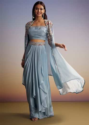 Pastel Blue Crop Top Skirt Set With Embroidered Cape Overlay