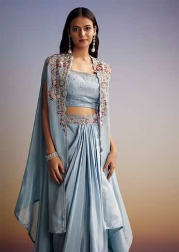 Pastel Blue Crop Top Skirt Set With Embroidered Cape Overlay