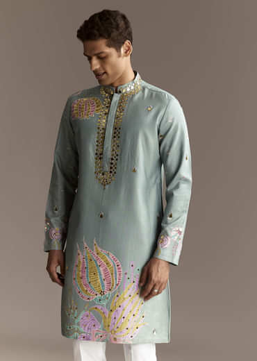 Pastel Blue Kurta Set With Mirror Embroidery