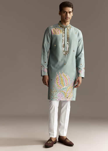 Pastel Blue Kurta Set With Mirror Embroidery
