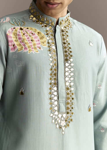 Pastel Blue Kurta Set With Mirror Embroidery