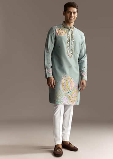 Pastel Blue Kurta Set With Mirror Embroidery