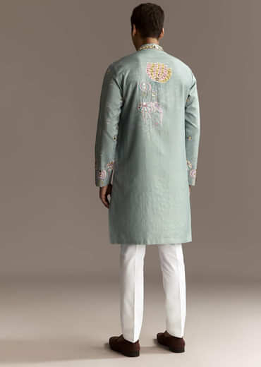 Pastel Blue Kurta Set With Mirror Embroidery