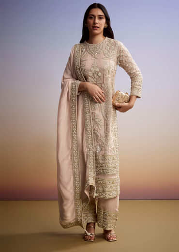 Pastel each Organza Palazzo Suit With Zari and Moti Embroidery