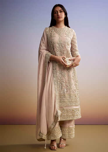 Pastel each Organza Palazzo Suit With Zari and Moti Embroidery