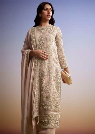 Pastel each Organza Palazzo Suit With Zari and Moti Embroidery