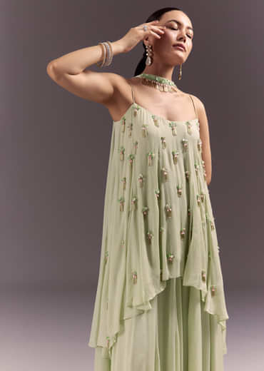 Pastel Green Chinon Embroidered Kurti With Flared Pant Set