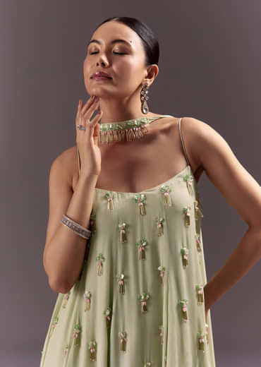 Pastel Green Chinon Embroidered Kurti With Flared Pant Set