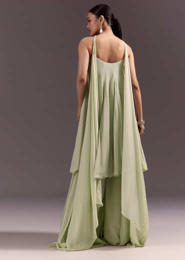 Pastel Green Chinon Embroidered Kurti With Flared Pant Set