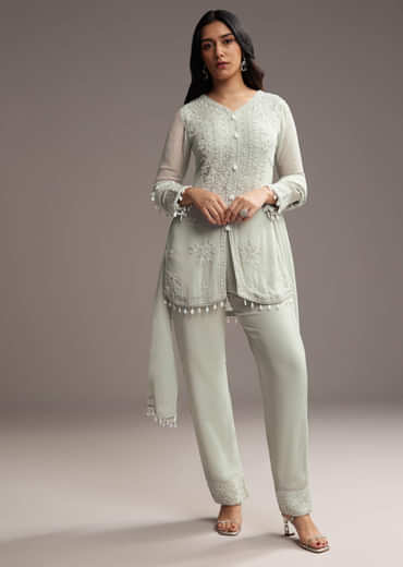 Pastel Green Georgette Kurta Set With Bead Embroidery