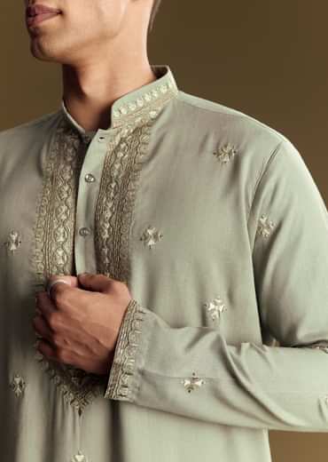 Pastel Green Linen Kurta Set With Sequin And Resham Embroidery