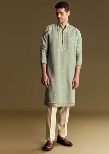 Pastel Green Linen Kurta Set With Sequin And Resham Embroidery