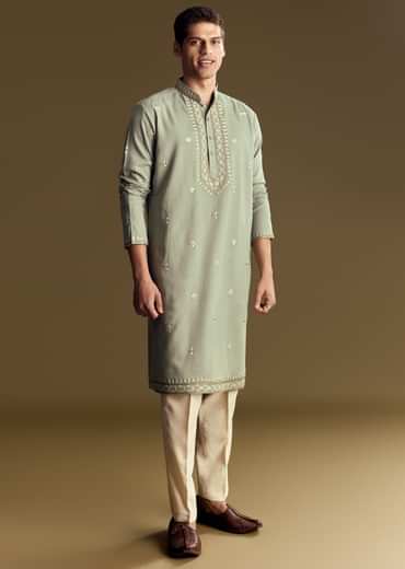 Pastel Green Linen Kurta Set With Sequin And Resham Embroidery