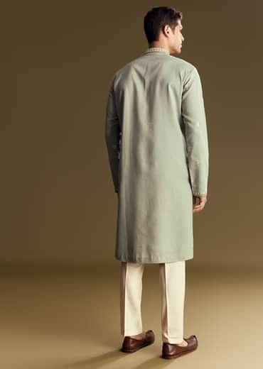 Pastel Green Linen Kurta Set With Sequin And Resham Embroidery