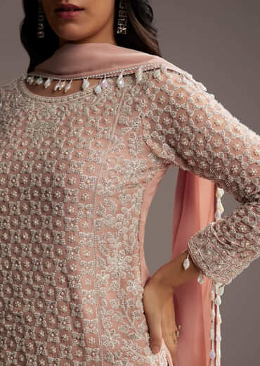 Pastel Peach Georgette Kurta Set With Beads Work