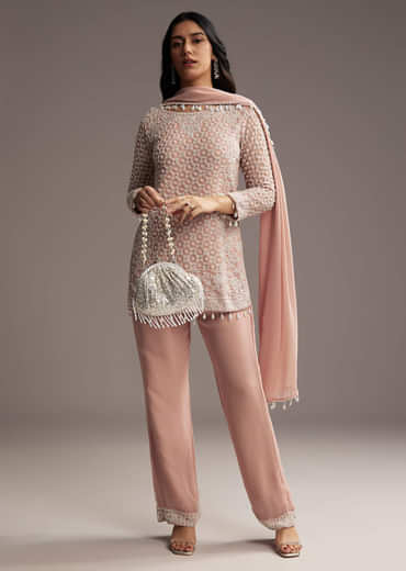 Pastel Peach Georgette Kurta Set With Beads Work