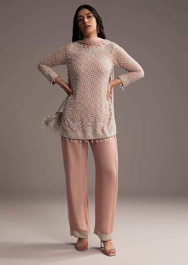 Pastel Peach Georgette Kurta Set With Beads Work