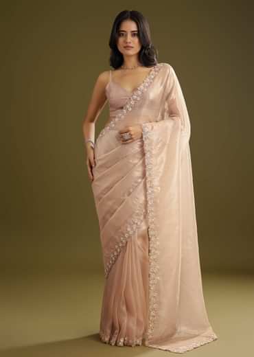 Pastel Peach Glass Tissue Stone Embellished Saree With Cutwork Border