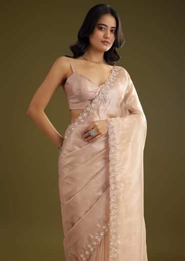 Pastel Peach Glass Tissue Stone Embellished Saree With Cutwork Border