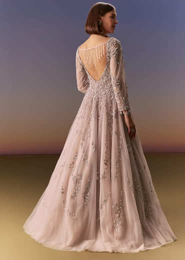 Pastel Pink Embroidered Gown With Full Sleeves