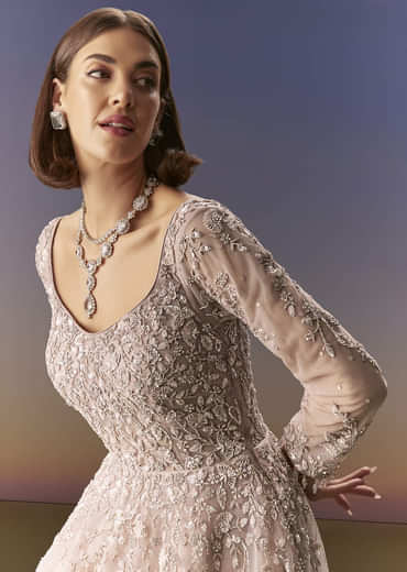 Pastel Pink Embroidered Gown With Full Sleeves