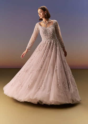 Pastel Pink Embroidered Gown With Full Sleeves