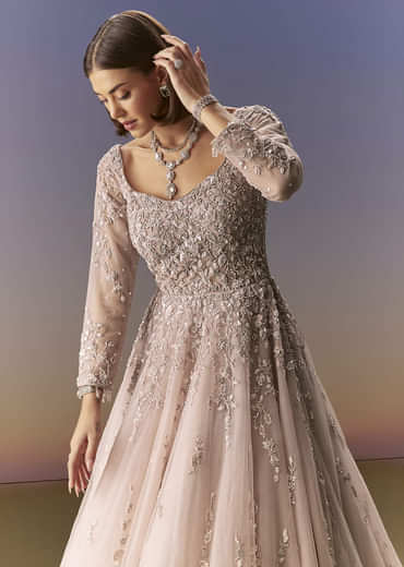 Pastel Pink Embroidered Gown With Full Sleeves