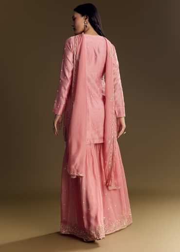 Pastel Pink Chanderi Sharara Suit With Cut Dana Sequins