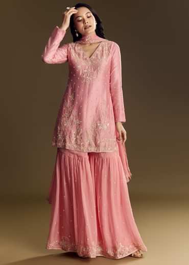 Pastel Pink Chanderi Sharara Suit With Cut Dana Sequins